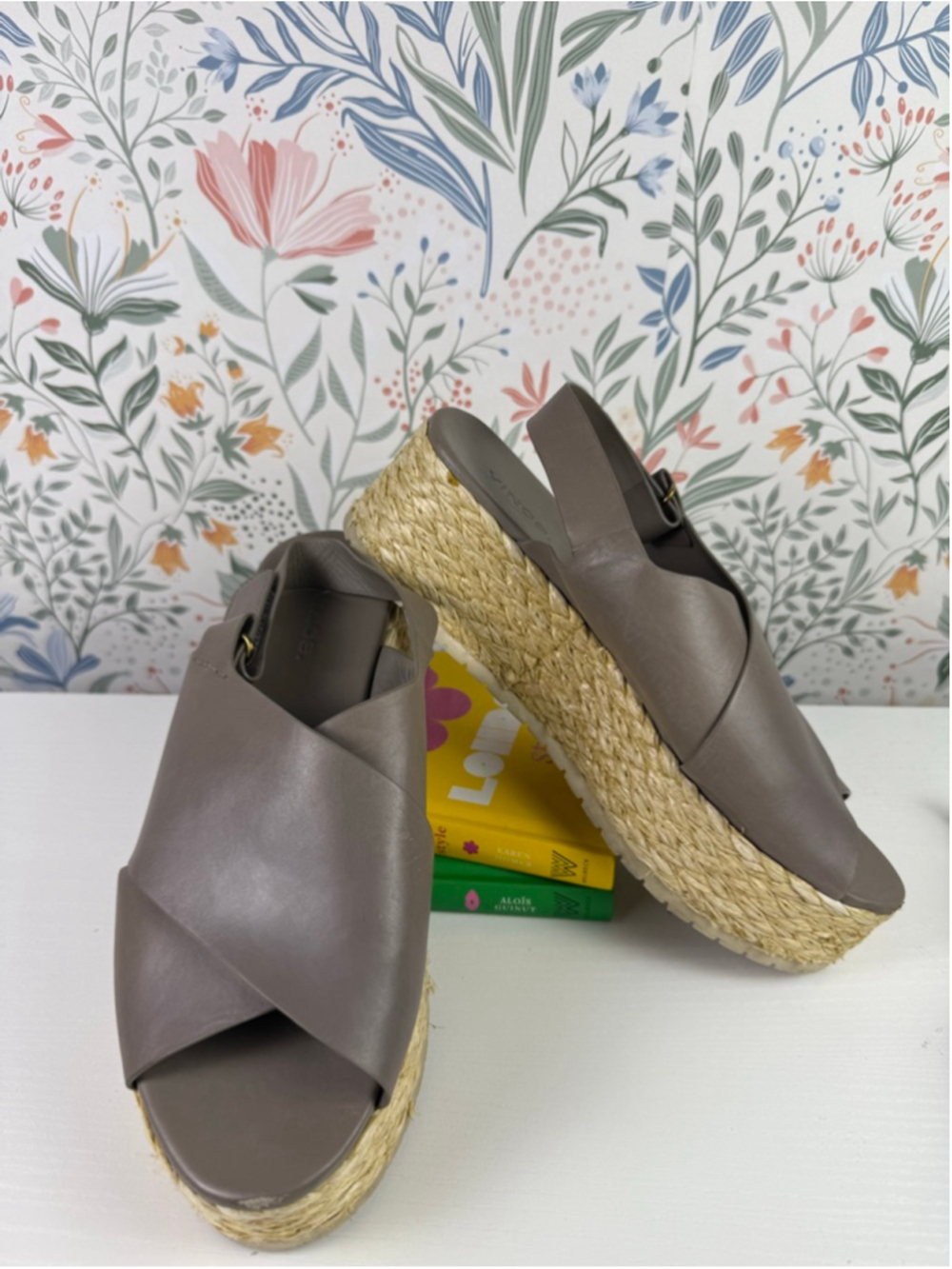 Vince Leather Espadrille Platform Sandals Taupe Slingback Wedge Size 8.5